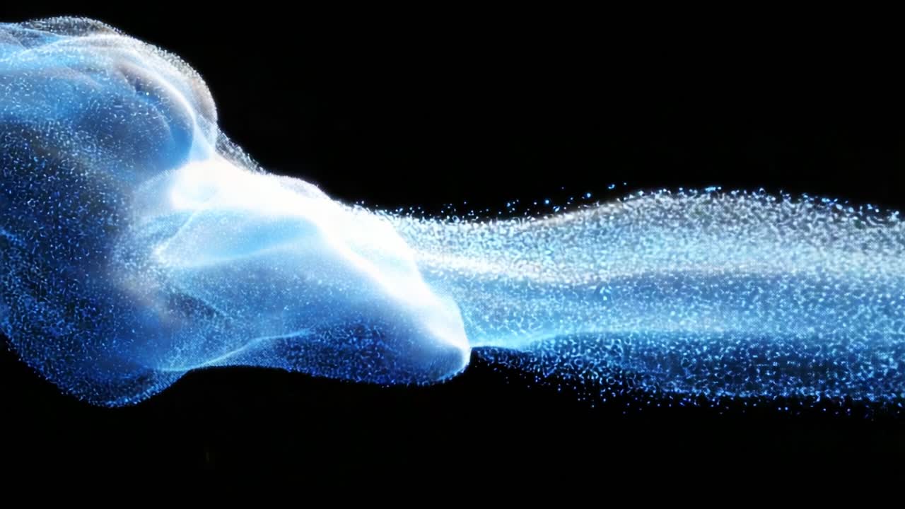 A captivating visualization of liquid motion, featuring dynamic blue particles swirling elegantly in a mesmerizing display against a contrasting black background, creating a sense of flow and energy