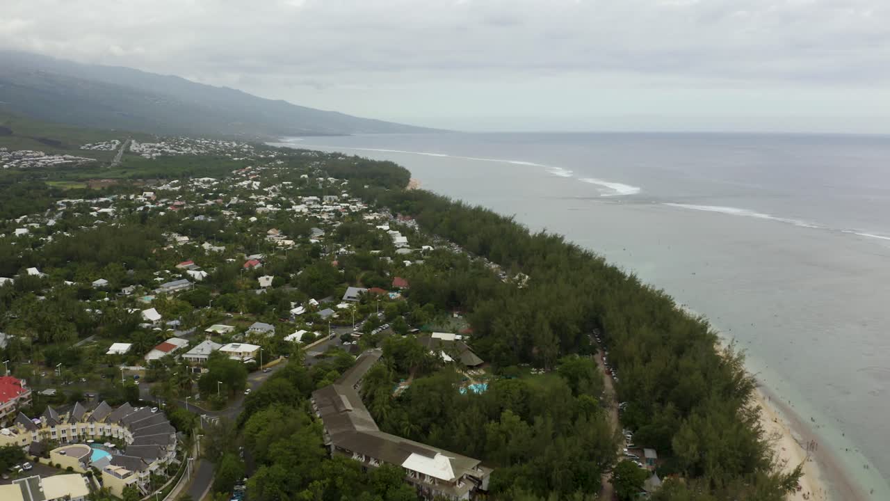 Drone view of the coral reef and blue lagoon at Ermitage-les-Bains, Reunion Island, France