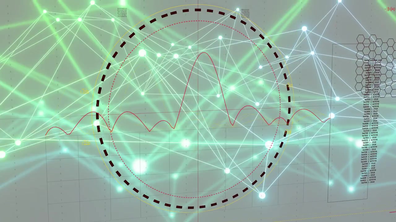 Red waveform entering from left, centered ring expanding, network pulsing, showing central peak