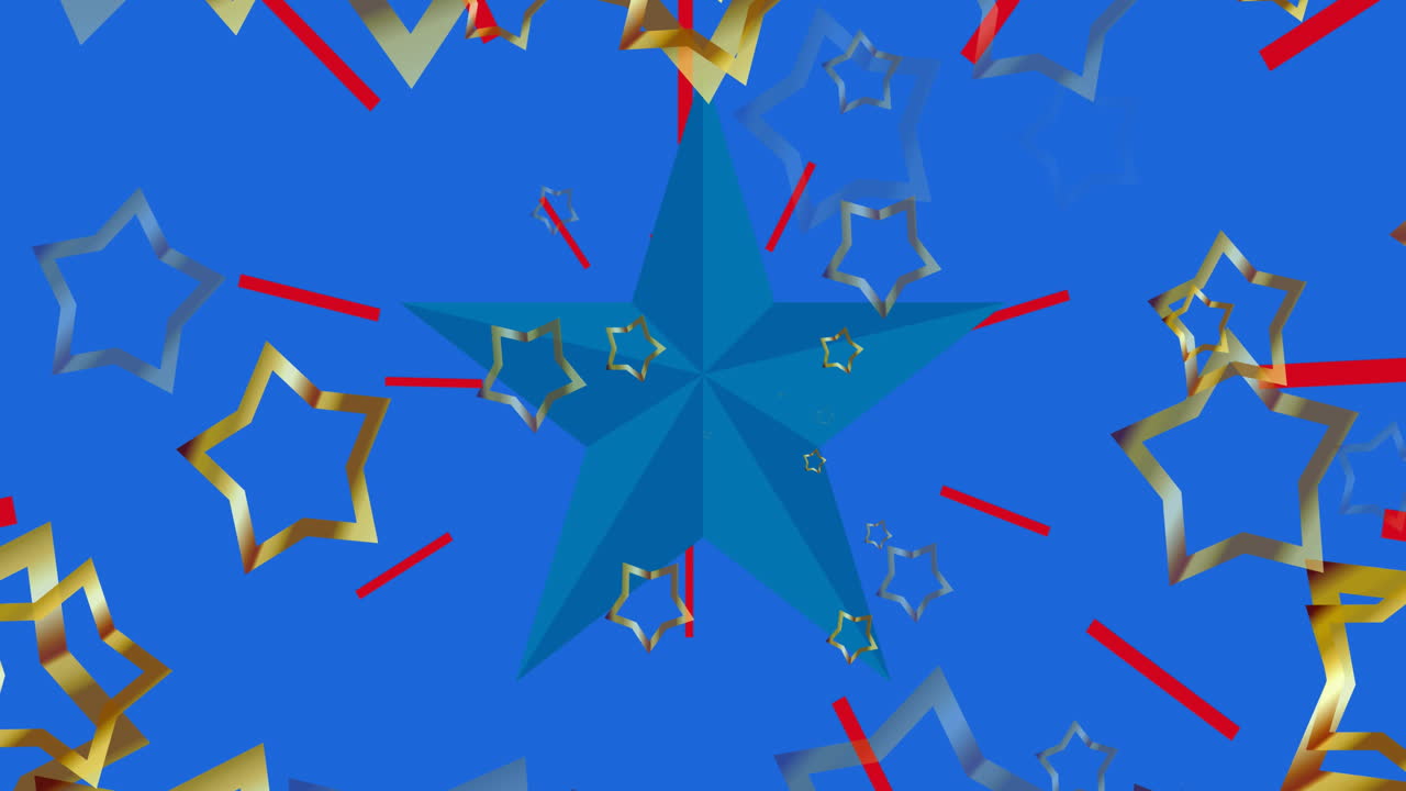 미국 국기, 빨간 줄무 ⁇ , 황금색과 파란색의 별들이 파란색 바탕에 그려져 있는 애니메이션