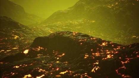 lava flows illuminate the volcanic landscape under a greenish sky