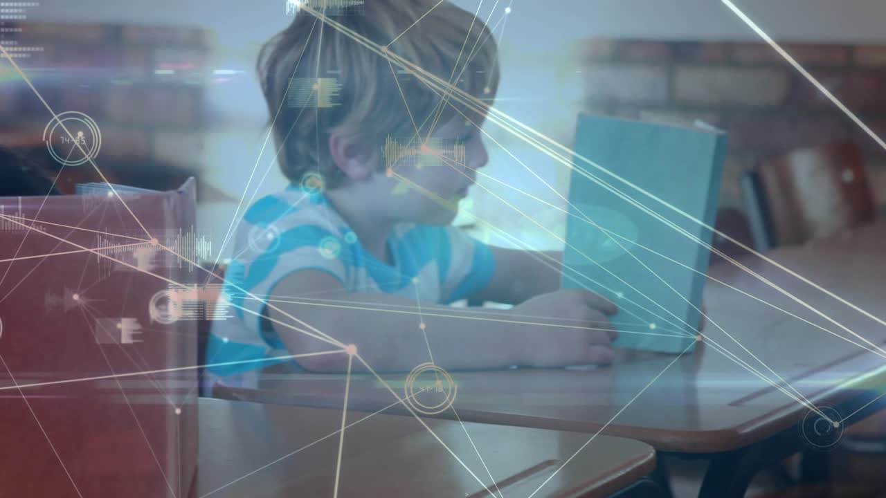 Network overlay sparking education, girl reading divider, boy viewing tablet, girl rotating globe