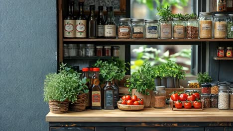 fresh herbs and spices displayed in a rustic kitchen setup