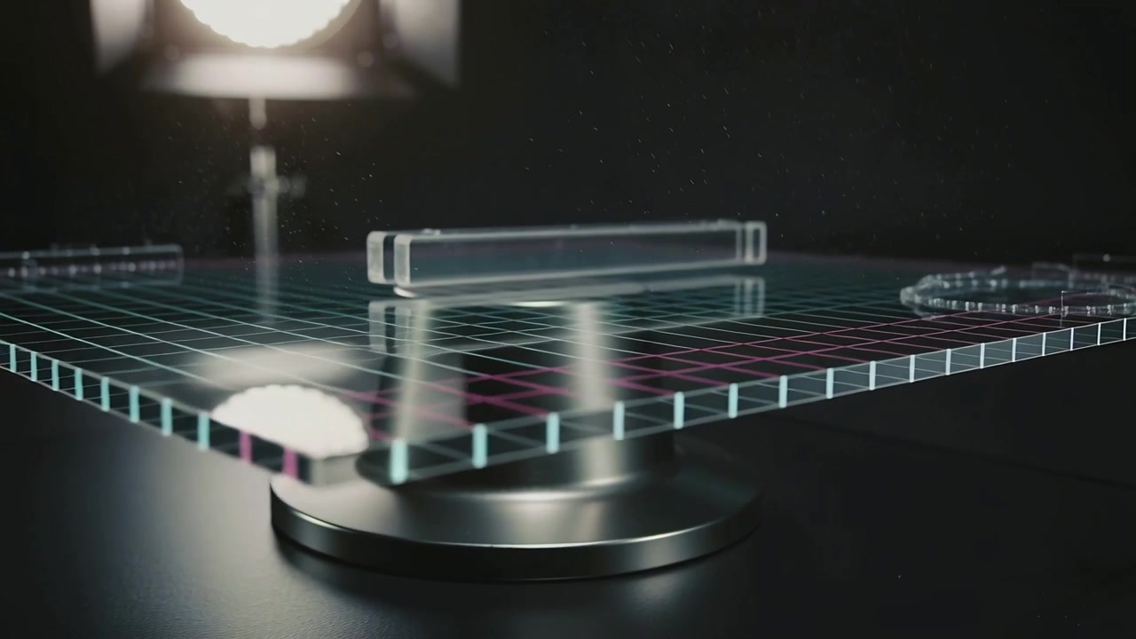 Rotating turntable lifting grid panel and rising prism over metal base on black table, lamp glowing