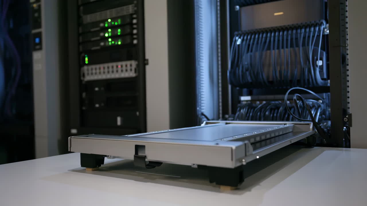 Server rack with blinking lights and hardware on a table in a data center