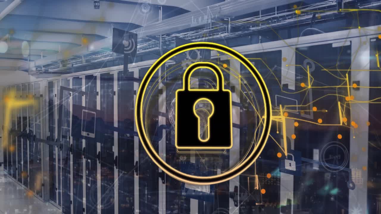 Animation of padlock in circle with flowchart of icons and connected dots over server room