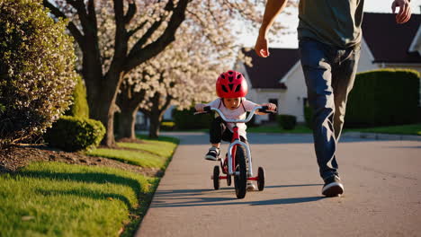 father teaching his son to ride a tricycle