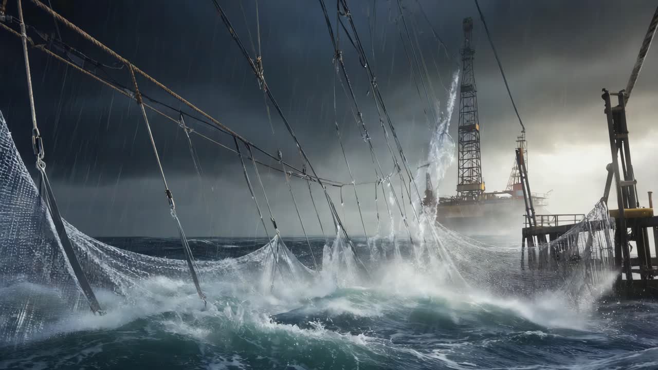 Oil Rig and Fishing Nets in a Stormy Ocean