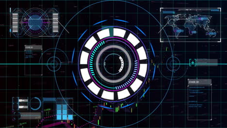 animation of data processing and scope scanning over globe and world map