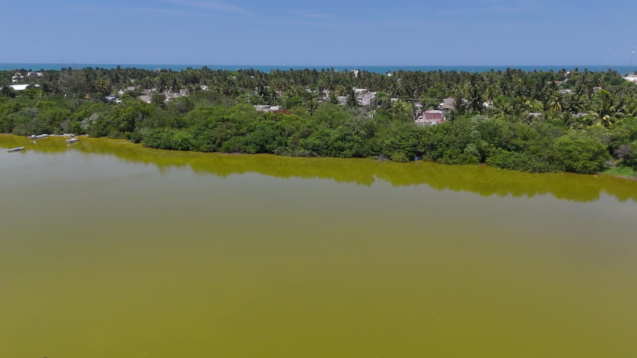 Aerial view of El Cuyo coastal town in Yucatan and Rio Lagartos natural reserve