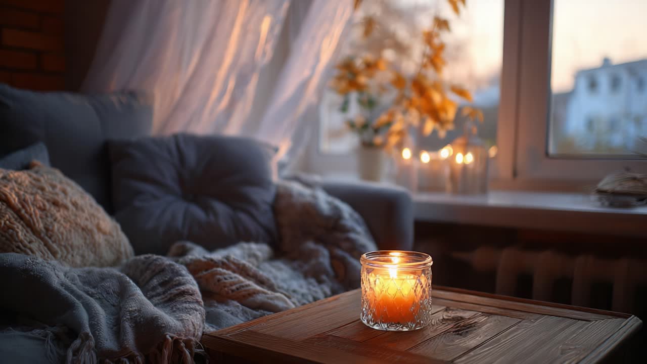 Un'atmosfera serale calda e accogliente, catturata in una serena scena di salotto con una candela accesa, morbide coperte e la luce naturale luminosa che filtra da una finestra vicina.