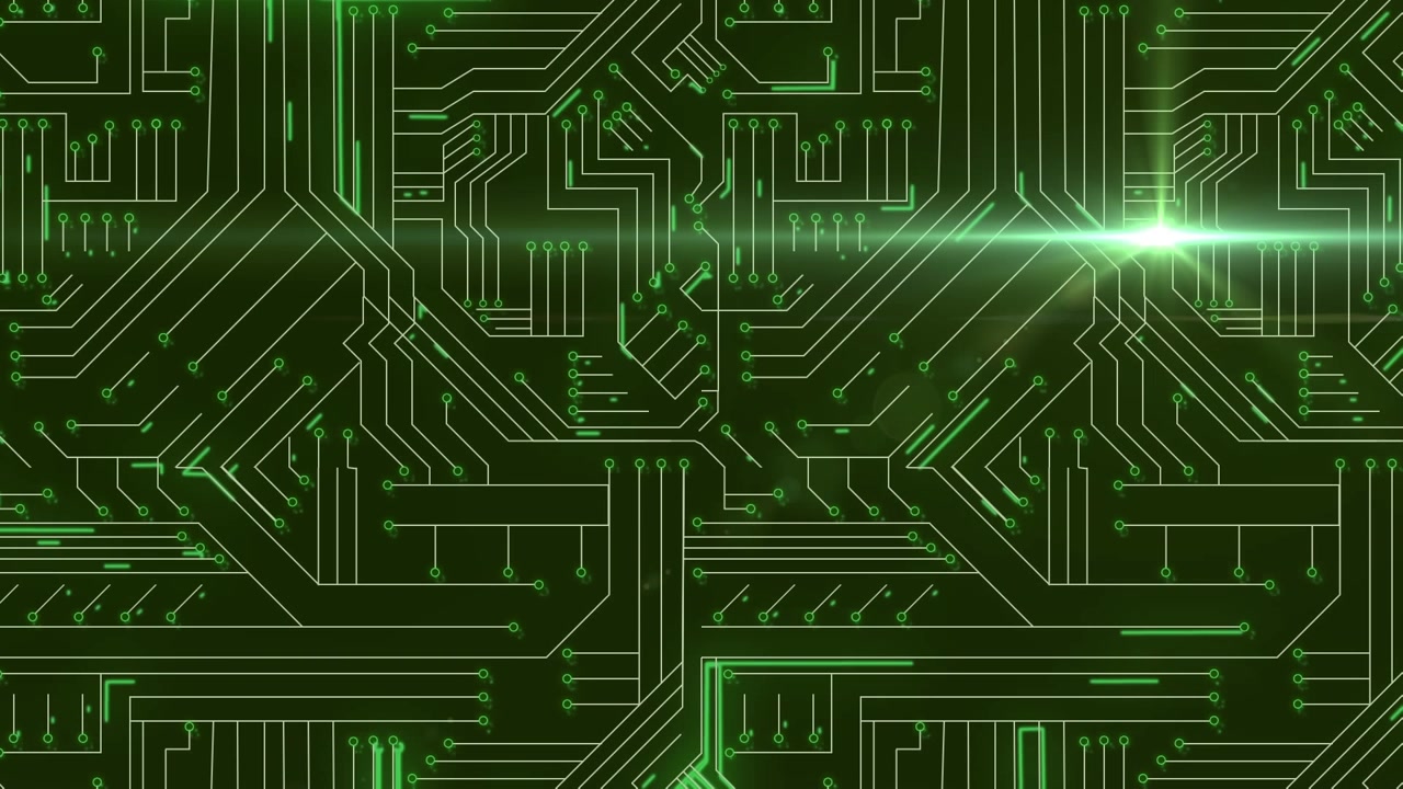 Animation of computer circuit board with glowing lights and data processing