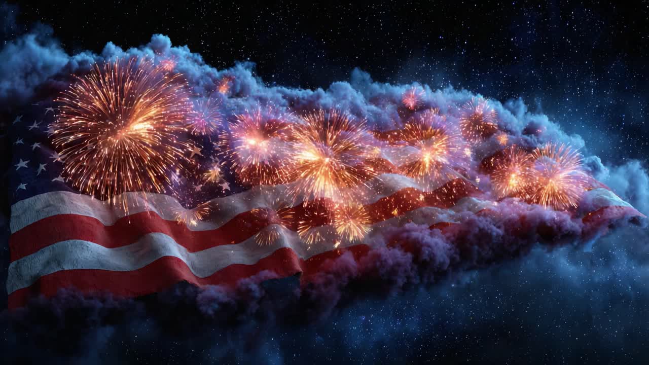 A Majestic Display of Patriotism: An American Flag Surrounded by Explosive Fireworks that Illuminate the Night Sky in a Celebration of Freedom and Unity