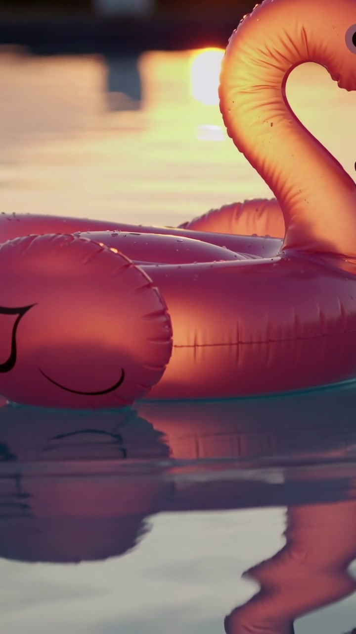 Vertical video: Rocking pink flamingo float drifting on water at sunset, breeze wobbling reflection