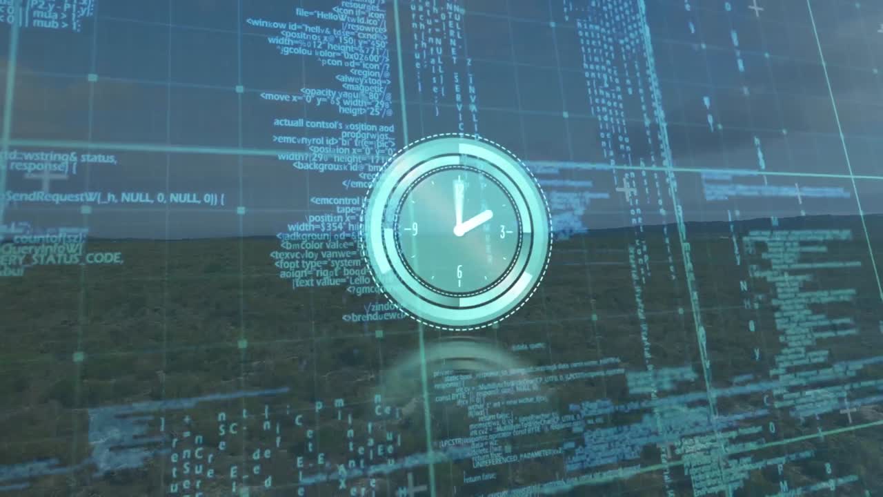 animación de reloj en movimiento y procesamiento de datos sobre el paisaje