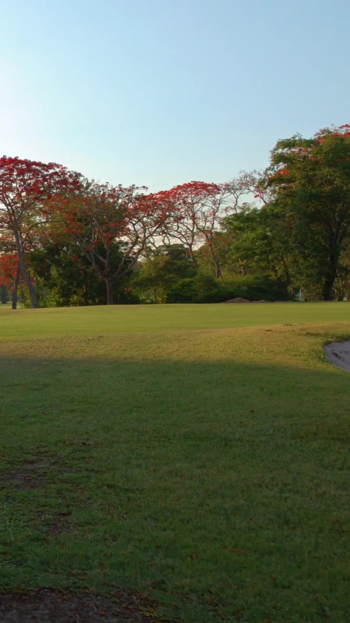 A low-angle tracking shot moves across a green fairway past a sand bunker at sunset.