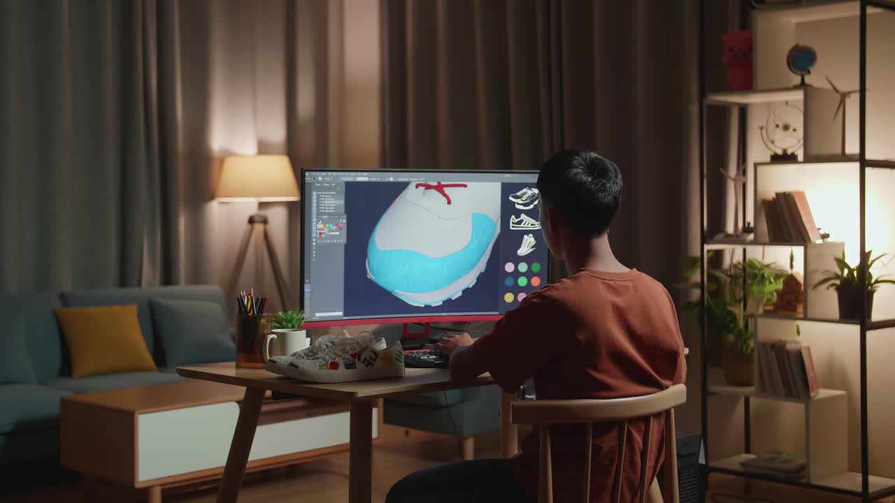 Ragazzo asiatico designer di calzature che si stira dopo aver lavorato al computer fisso a casa