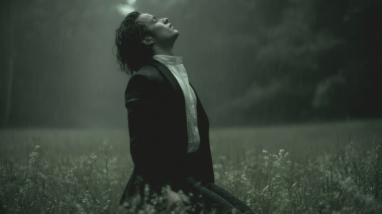 A solitary figure stands in a lush green field, drenched by rain, gazing upward as droplets fall, embodying a moment of introspection and connection with nature's elements