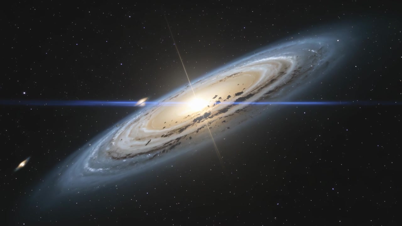 Galassia che ruota e si inclina in senso orario mentre i fotogrammi avanzano nello spazio, mostrando un rigonfiamento centrale, un bagliore dell'obiettivo e una galassia compagna.