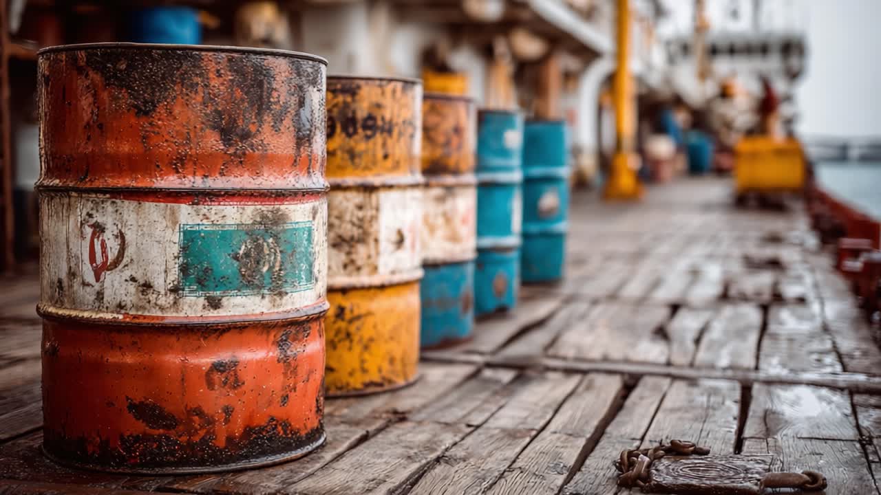 Forvitrede metaltønder opstillet på en havnekaj, der fanger charmen ved industrifartøjer med levende farver og teksturer fra maritimt liv