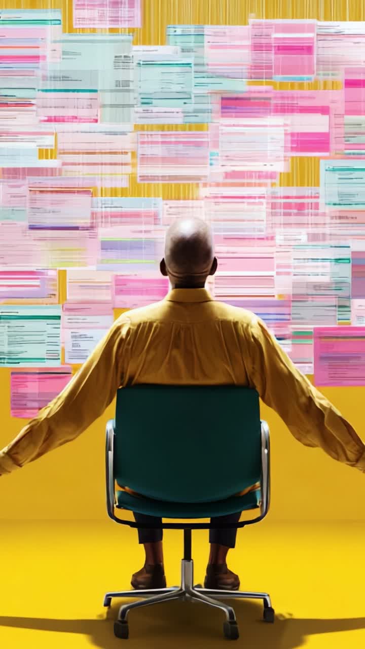 Una persona che osserva pensierosa un vivace display di colorati fogli dati disposti su una parete giallo brillante, contemplando informazioni e approfondimenti provenienti da più fonti