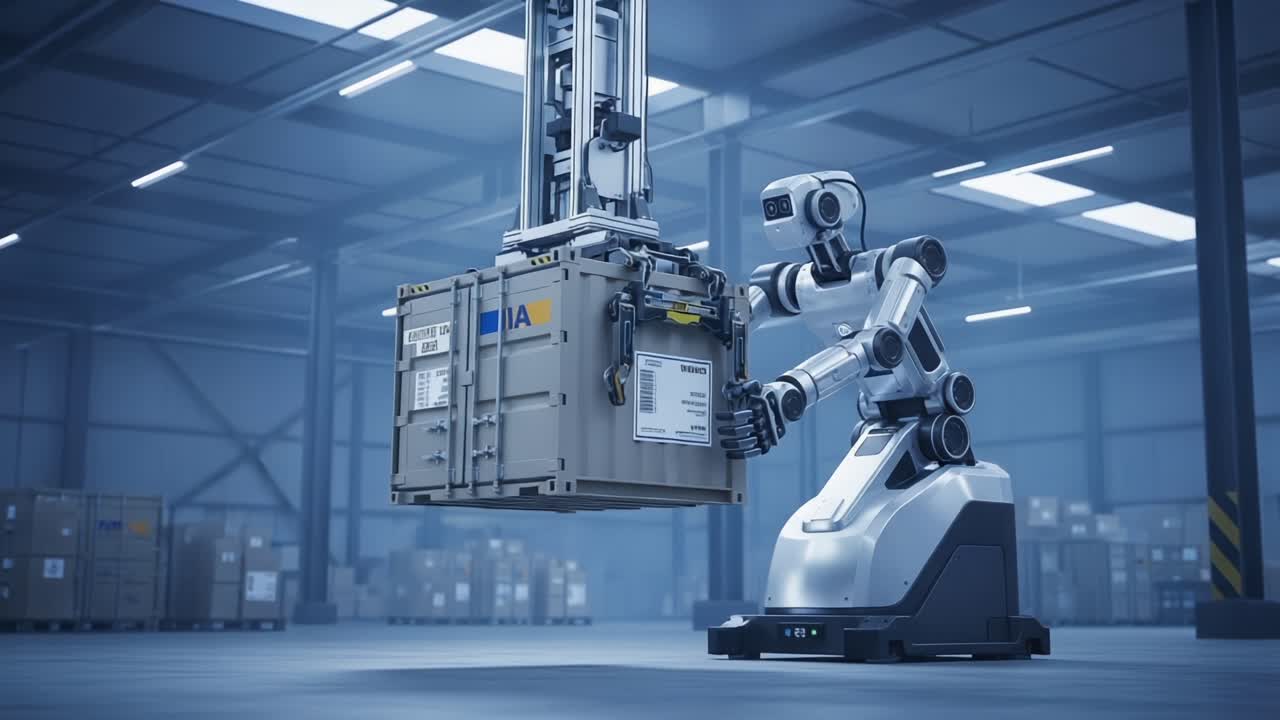 A Futuristic Industrial Robot Engaging with a Heavy Shipping Container in a High-Tech Warehouse Environment, Showcasing Advanced Automation Capabilities