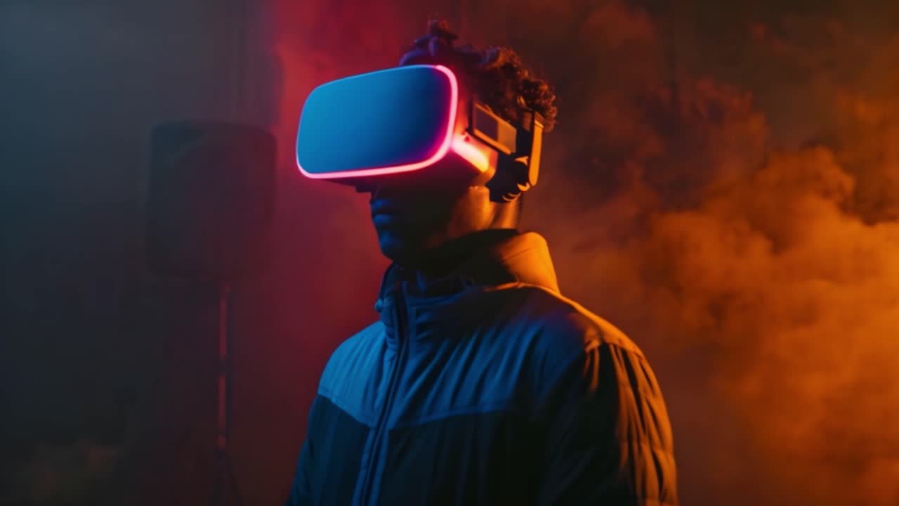 Person Immersed in Virtual Reality in a Neon-Lit, Smoky Environment