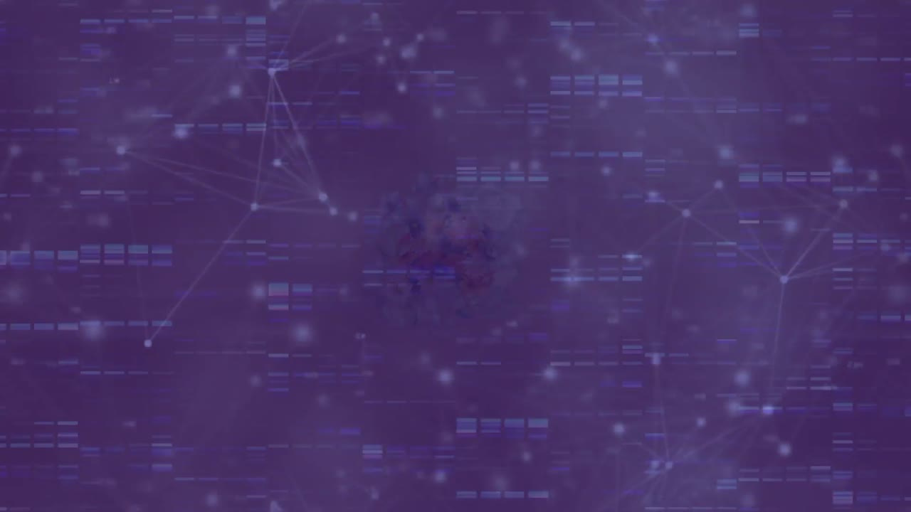 animación de la red de conexiones y procesamiento de datos en pantalla púrpura