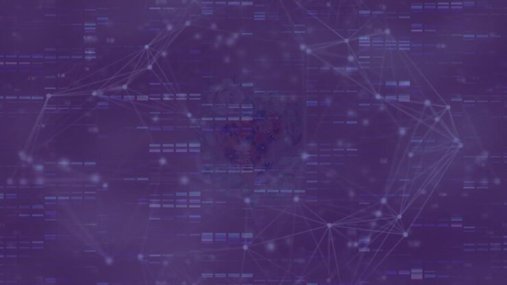 Animazione di rete di connessioni ed elaborazione dati su schermo viola