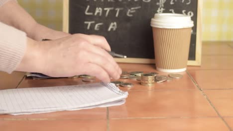 cafe owner counting cash and drinking coffee at close of business