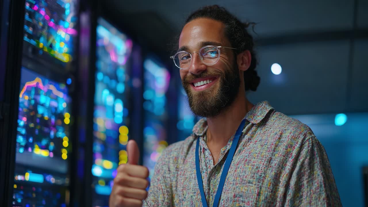 Cheerful professional giving a thumbs-up in a vibrant data center, showcasing colorful digital displays, representing a positive atmosphere and modern technology