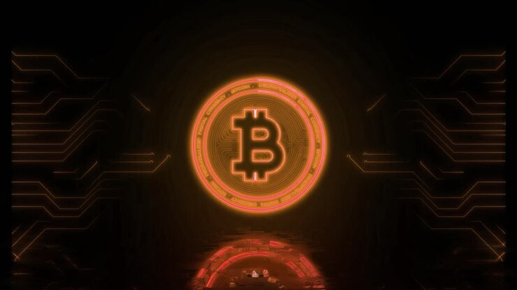Simbolo Bitcoin criptovaluta luminoso al neon