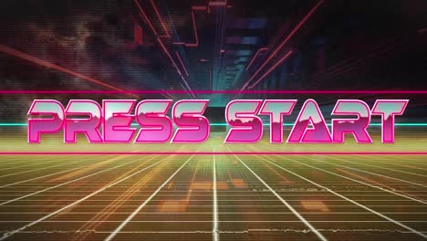 animation of press start text over neon metaverse background