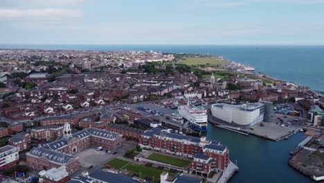 panorama of the old portsmouth and the wightlink ferries at the gunwharf terminal in portsmouth city, england