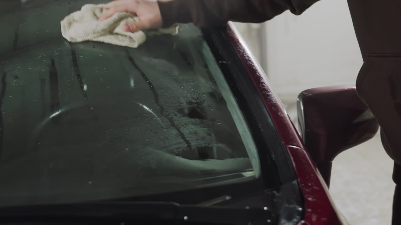 close up of car owner carefully wiping water residue from car body with cloth under bright workshop lights reflecting off wet glass and metal surfaces while inspecting finish quality