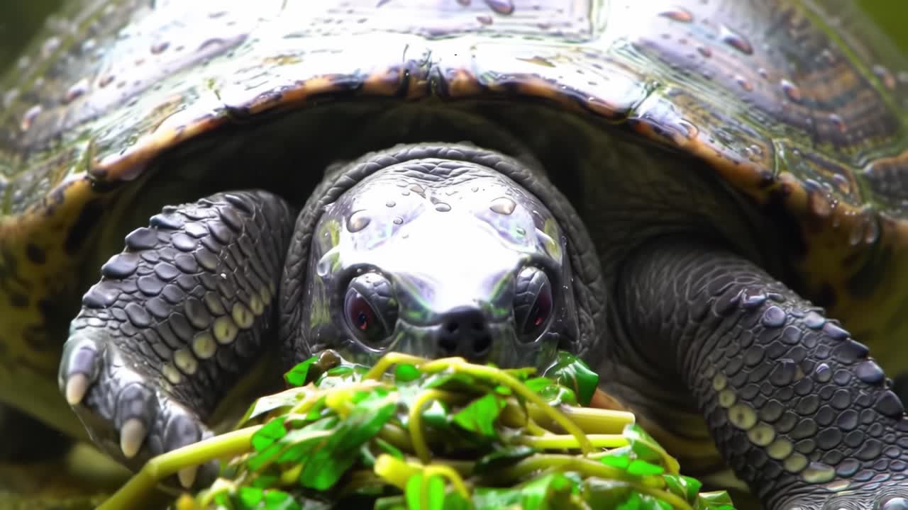 A turtle is seen munching on fresh greenery in its peaceful underwater habitat. The surrounding plants add beauty to this moment of natural feeding during daylight.