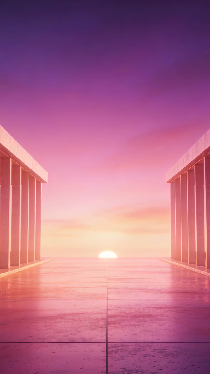 Vertical video: Emerging sun at horizon warming tiled walkway, reflecting on colonnade