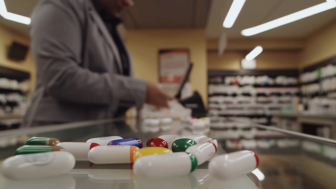 Farmaceut, der håndterer medicin under en transaktion ved apoteksdisken med en farverig kapsel.