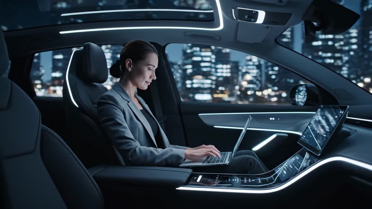 Businesswoman working in a self-driving car at night
