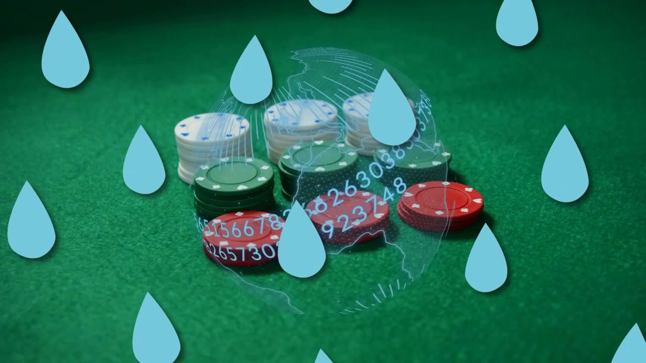 Globo digitale sovrapposto a fiches da poker da casinò su un tavolo di feltro verde
