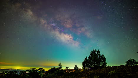 estrellas y la vía láctea en un cielo azul sobre el paisaje forestal en una toma de lapso de tiempo