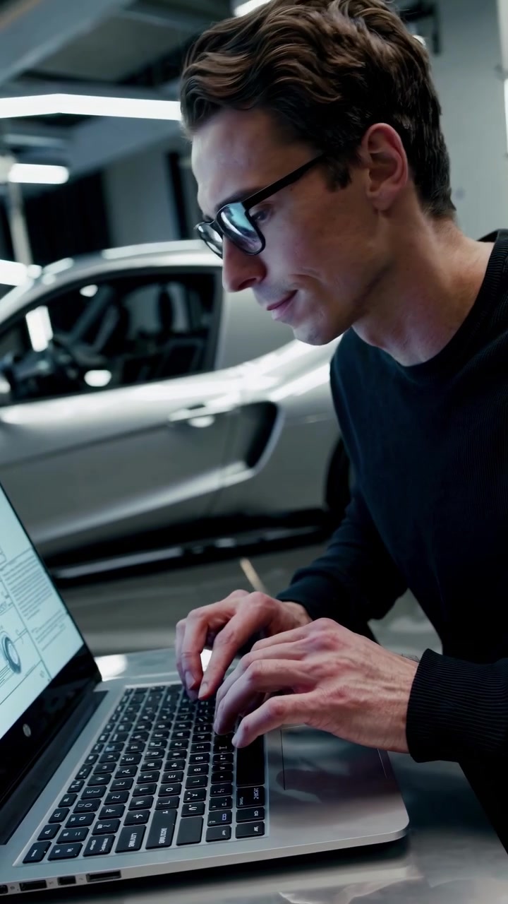 Engineer Typing on Laptop, Designing a Car in a Modern Studio