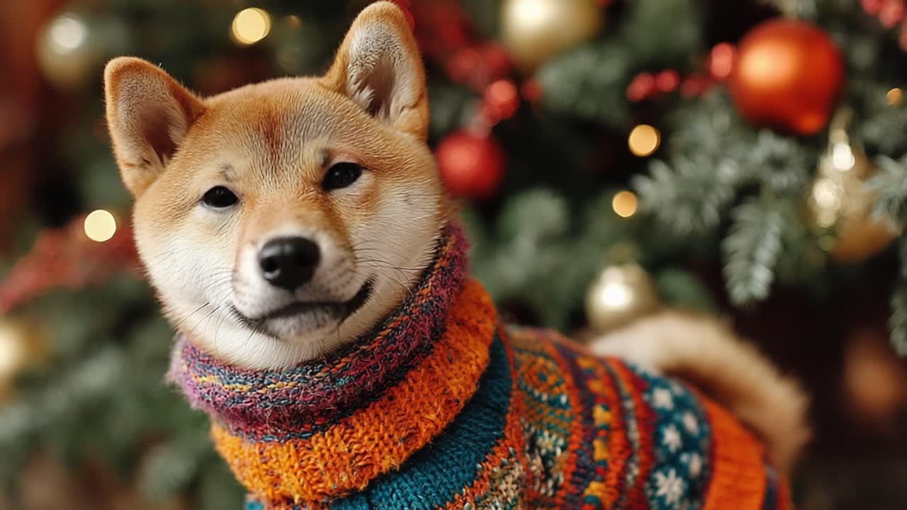 A Festive Shiba Inu Dressed in a Colorful Winter Sweater, Radiating Joy Amidst a Beautifully Decorated Christmas Tree with Sparkling Ornaments and Lights
