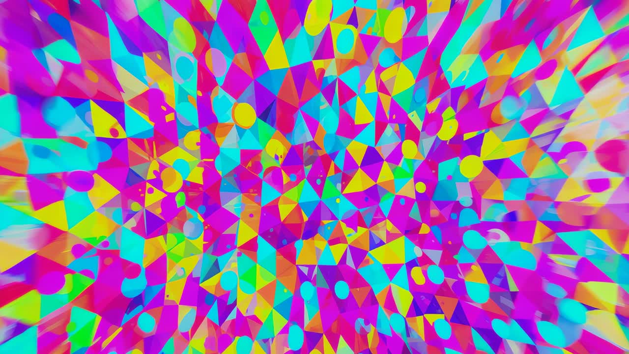 Starting kaleidoscopic triangles and circles pulsing and shifting in digital space, abstract mosaic