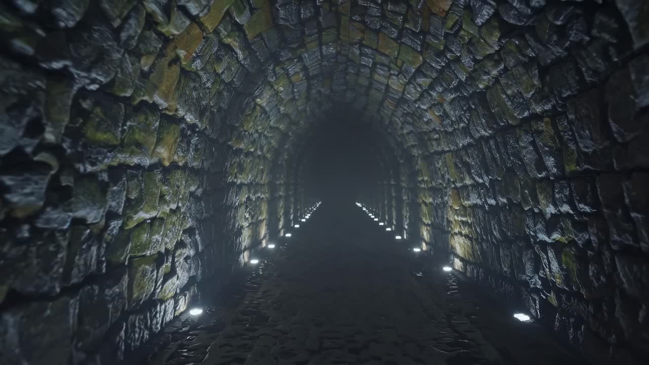 Dimly lit tunnel featuring glowing lights illuminating moss covered stone walls and a cobblestone path, creating an atmosphere rich in mystery and eerie intrigue