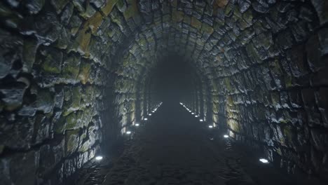 dimly lit tunnel featuring glowing lights illuminating moss covered stone walls and a cobblestone path, creating an atmosphere rich in mystery and eerie intrigue