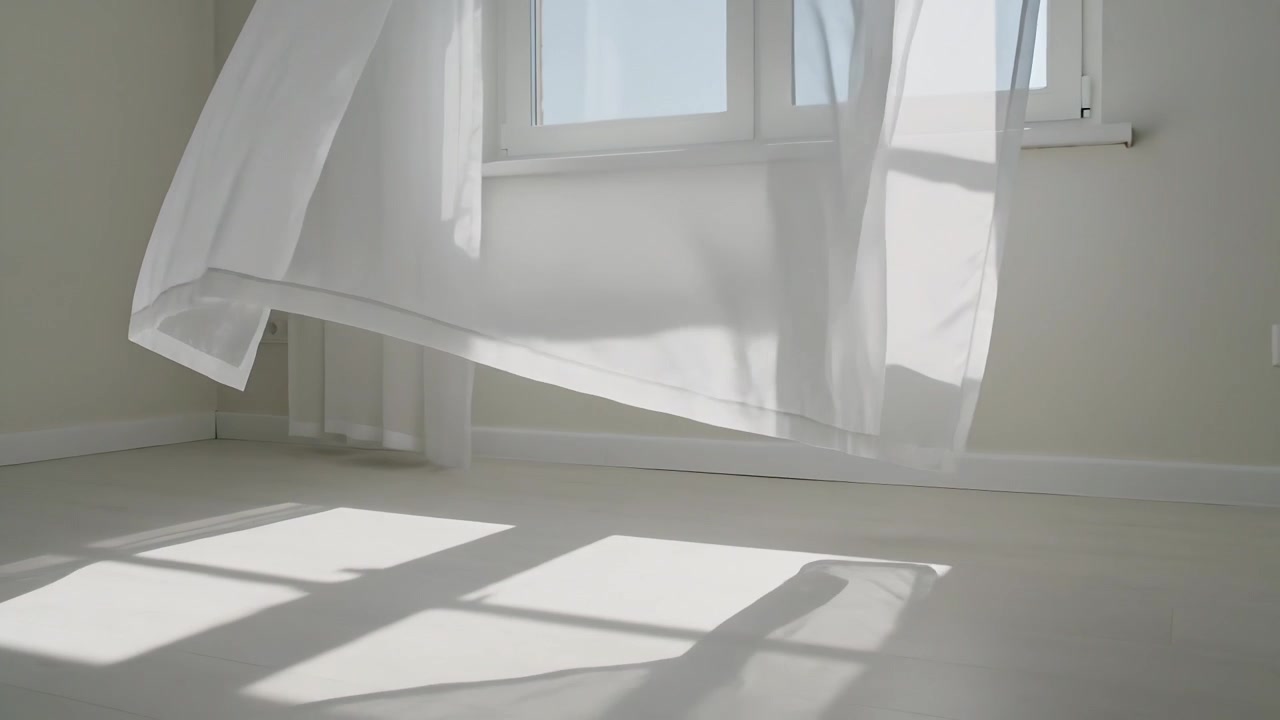 Tenda velata bianca che ondeggia e si estende su un pavimento chiaro in una stanza luminosa, con la brezza che entra dal pannello destro della finestra.