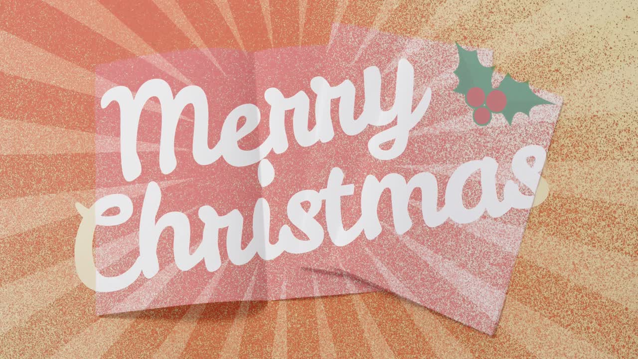 メリー・クリスマス・テキスト・バナーのアニメーション - オレンジ色のラジアル・バックグラウンドの greeting card の上に