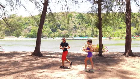 couple enjoying a walk by the lake in a park