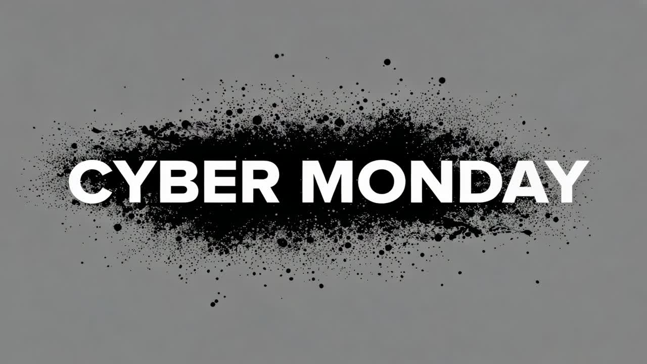 Animating bold white CYBER MONDAY popping shifting, black ink splatter fanning on gray panel promo